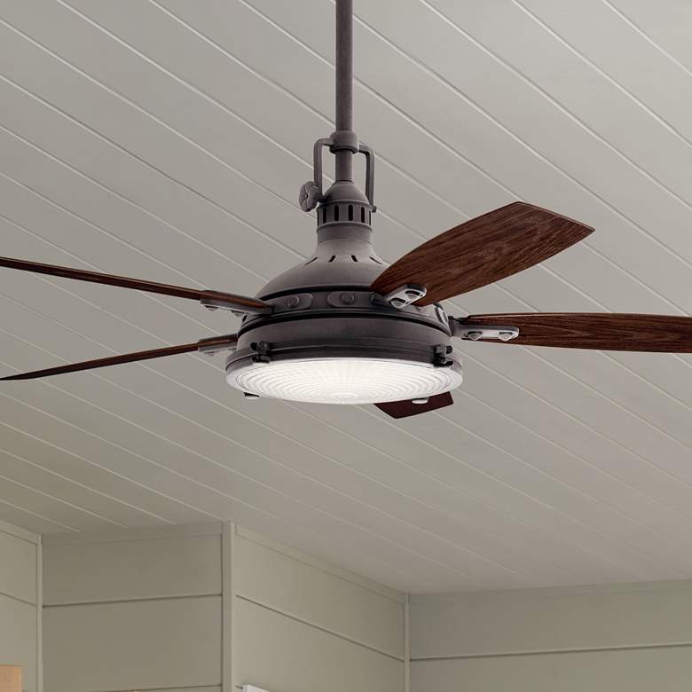 Image 1 60 inch Kichler Hatteras Bay Weathered Zinc Damp Rated LED Fan with Remote