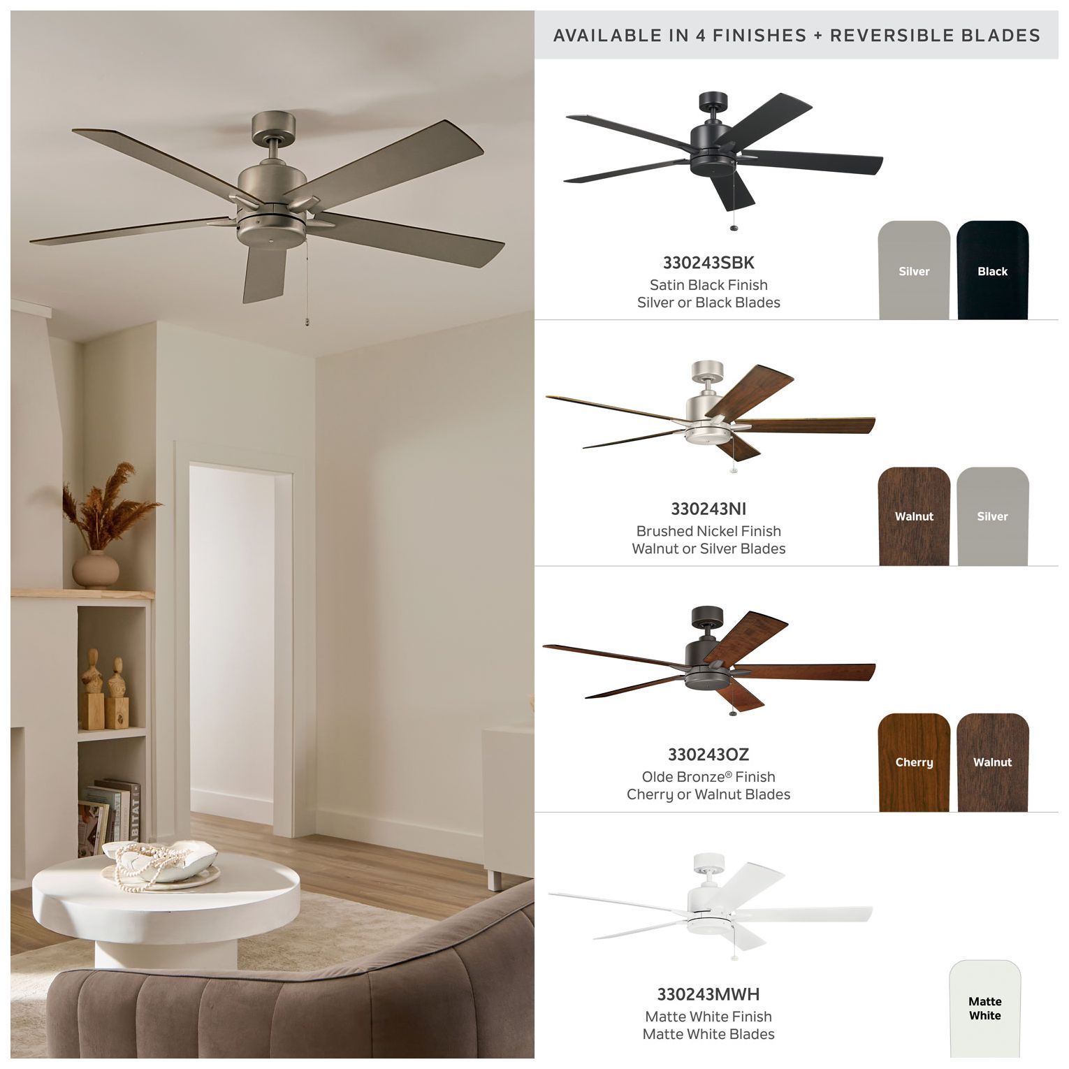 60" Kichler Lucian II Satin Black Pull-Chain Indoor Ceiling Fan