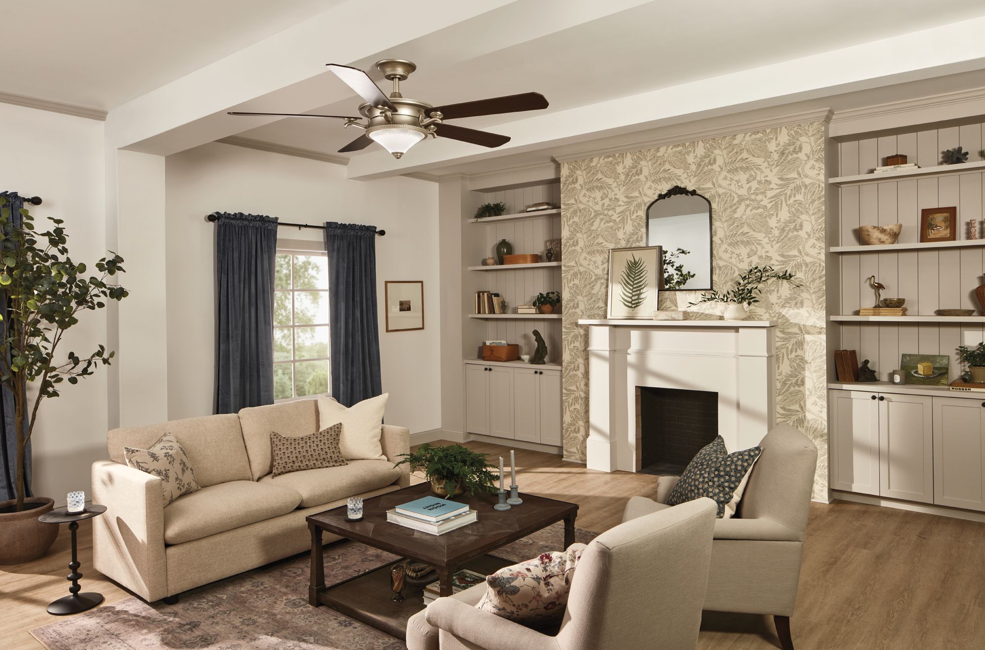 60" Kichler Rise Brushed Nickel LED Indoor Ceiling Fan with Wall Unit in scene