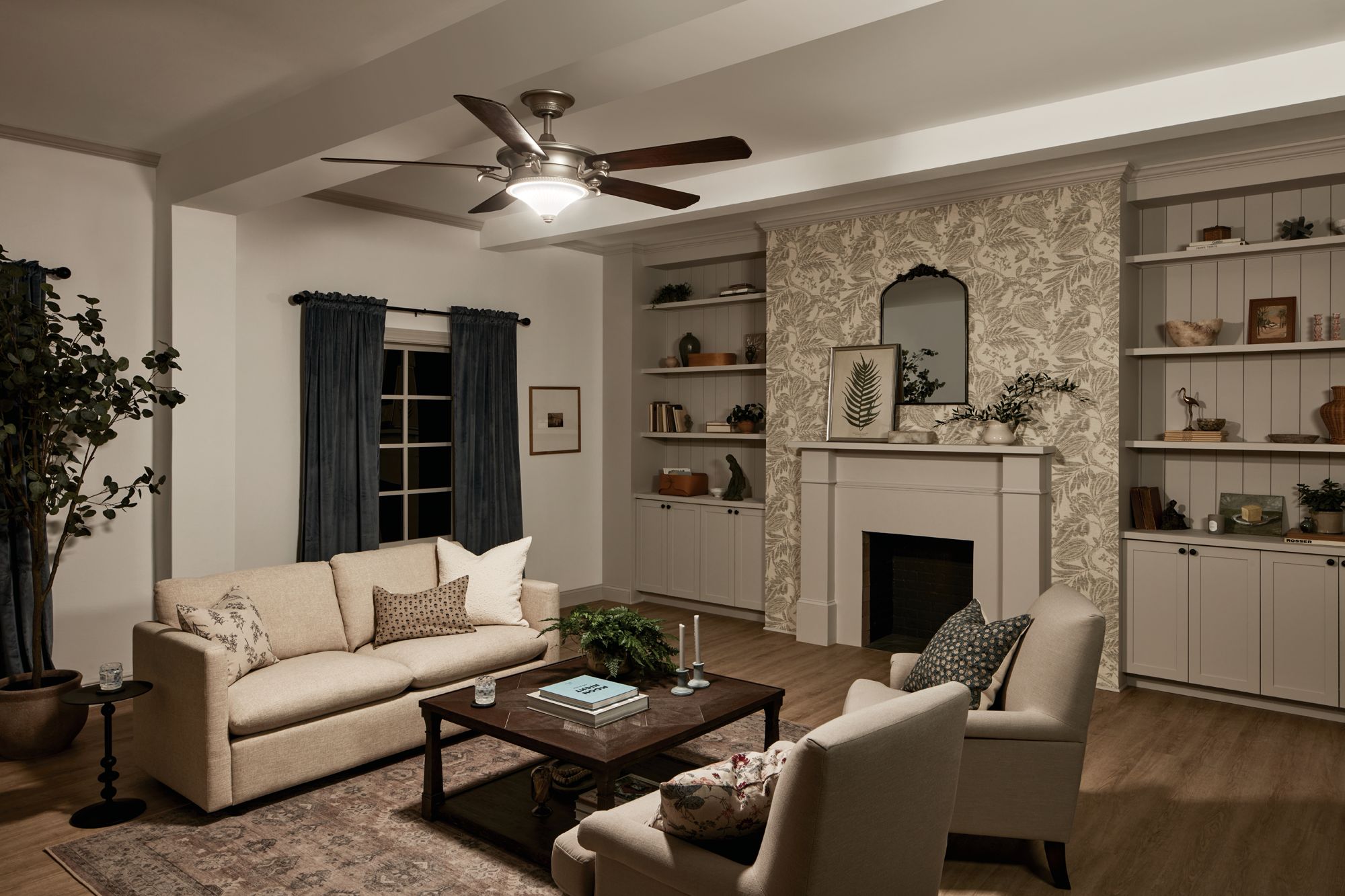 60" Kichler Rise Brushed Nickel LED Indoor Ceiling Fan with Wall Unit in scene