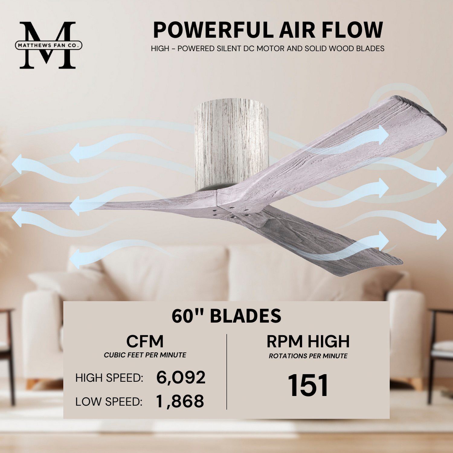 60" Matthews Irene 3H Barnwood Damp Hugger Ceiling Fan with Remote