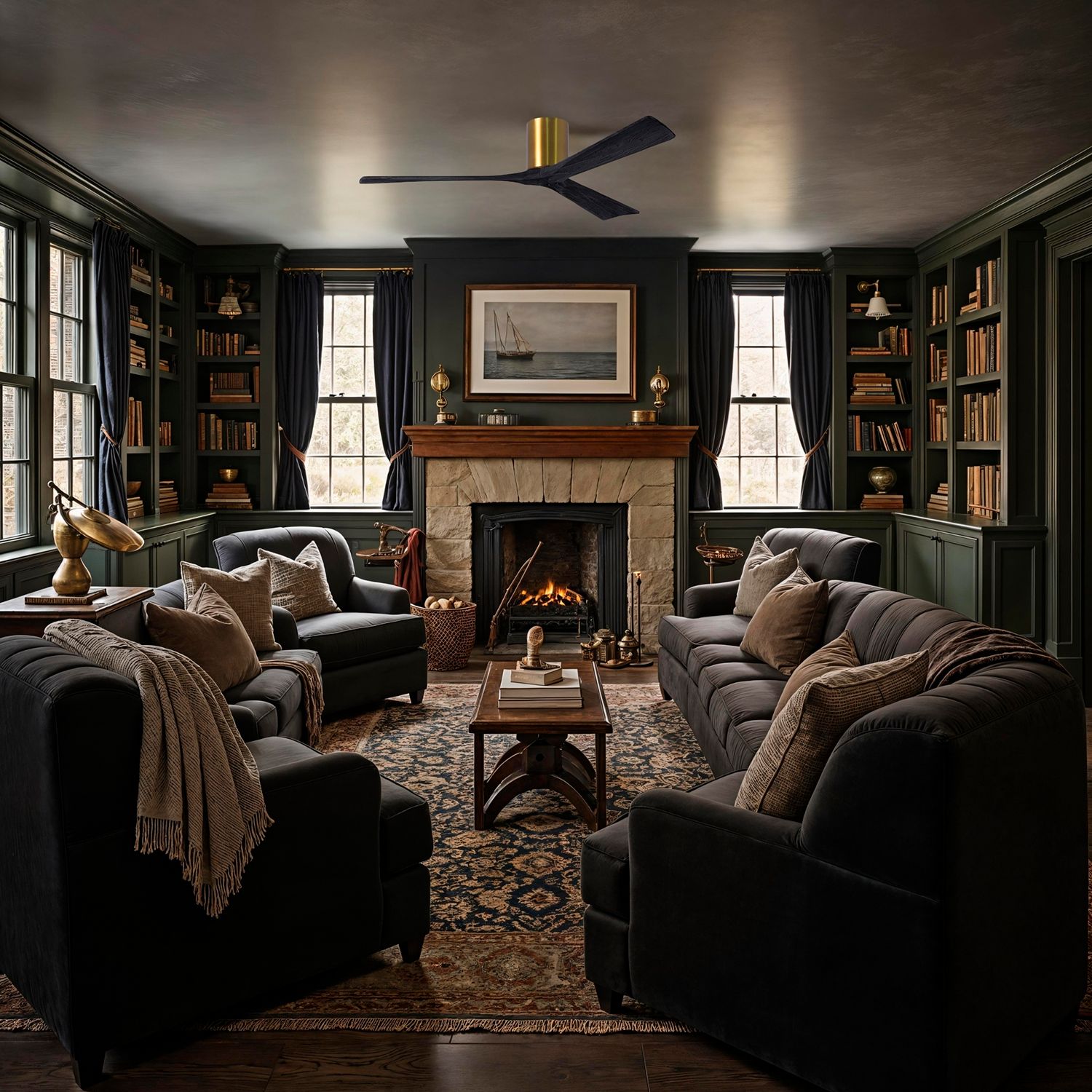 Image 7 60" Matthews Irene 3H Brass Matte Black Hugger Ceiling Fan with Remote more views