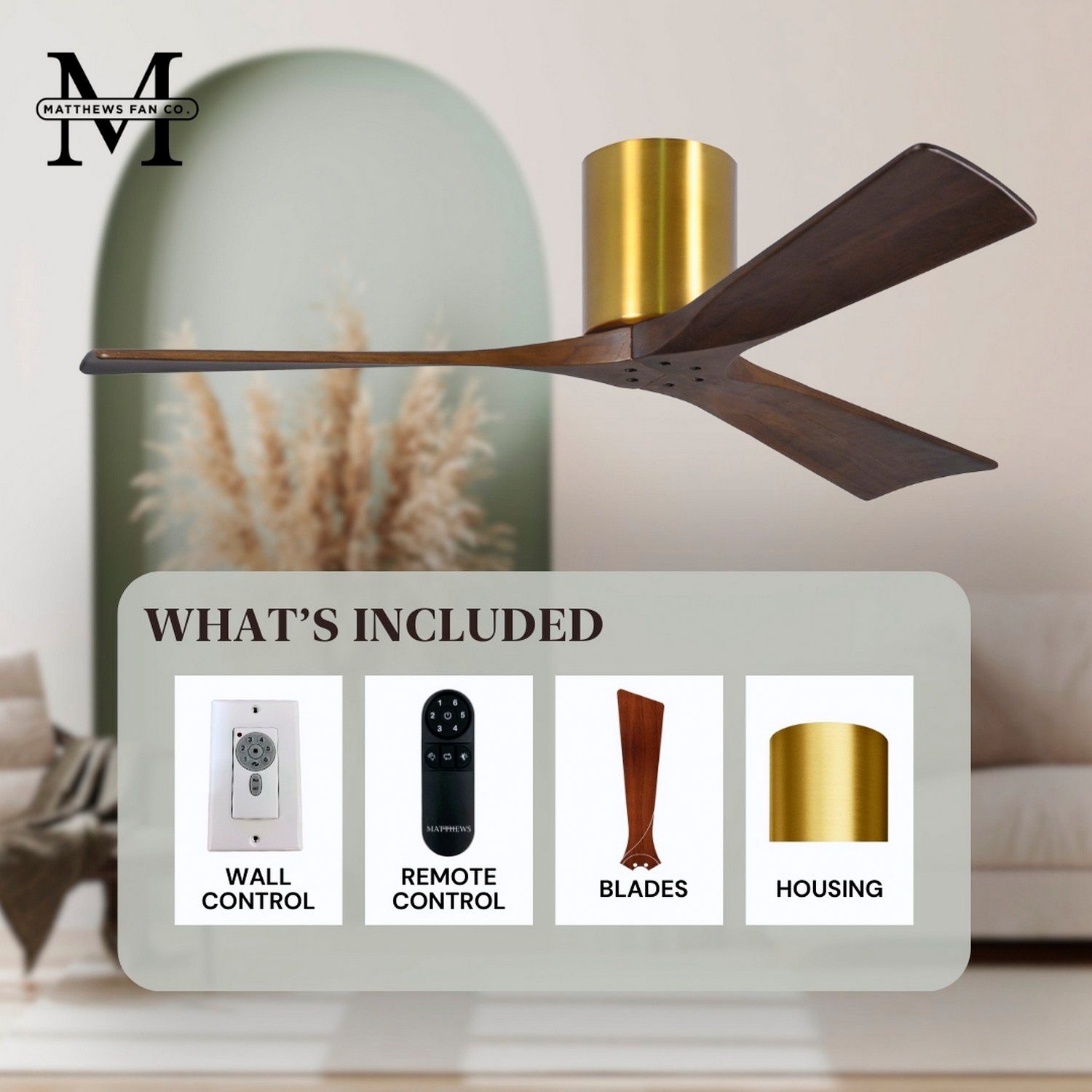 60" Matthews Irene 3H Brass Walnut Hugger Ceiling Fan with Remote