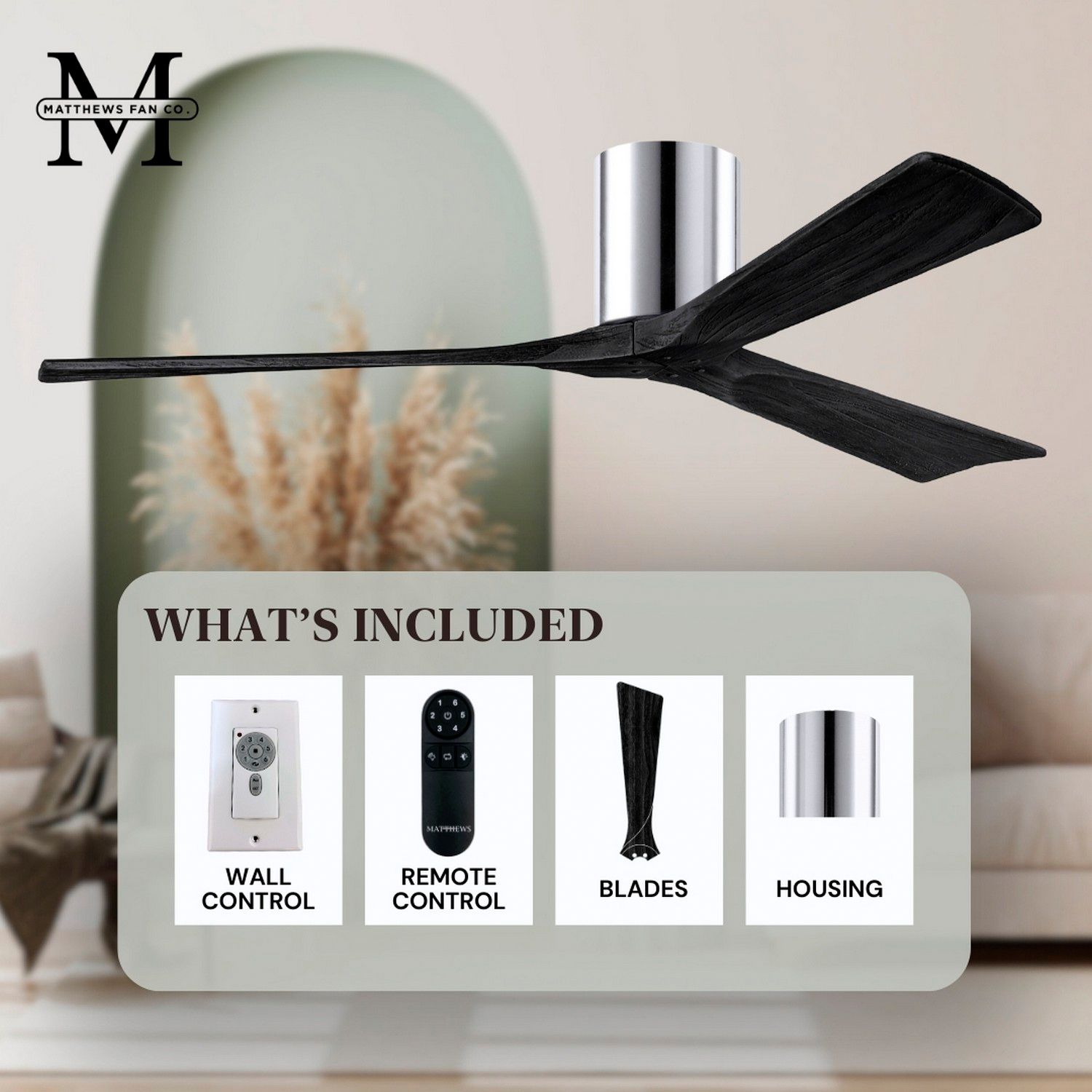 60" Matthews Irene 3H Chrome Matte Black Hugger Fan with Remote