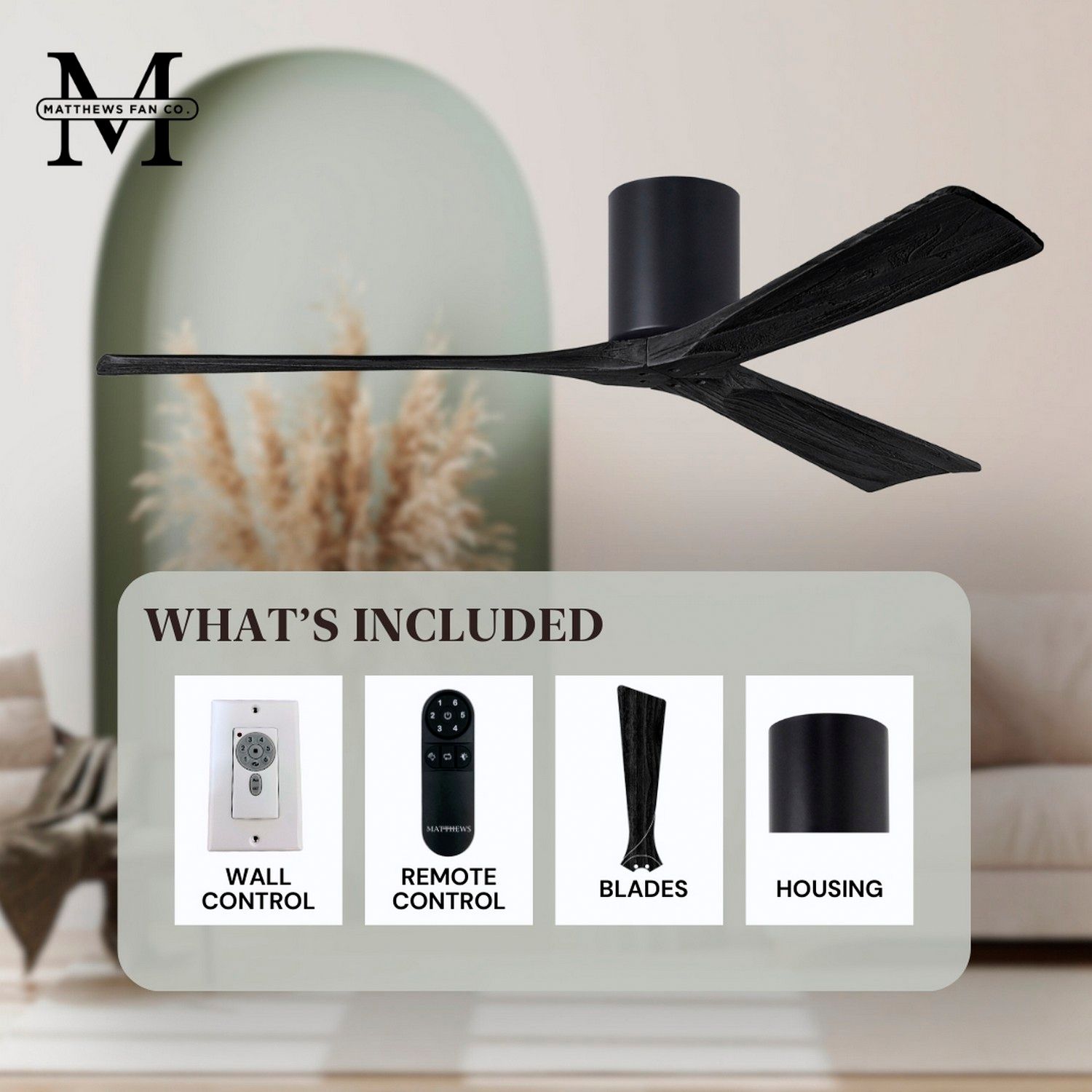 60" Matthews Irene 3H Matte Black Remote Hugger Ceiling Fan