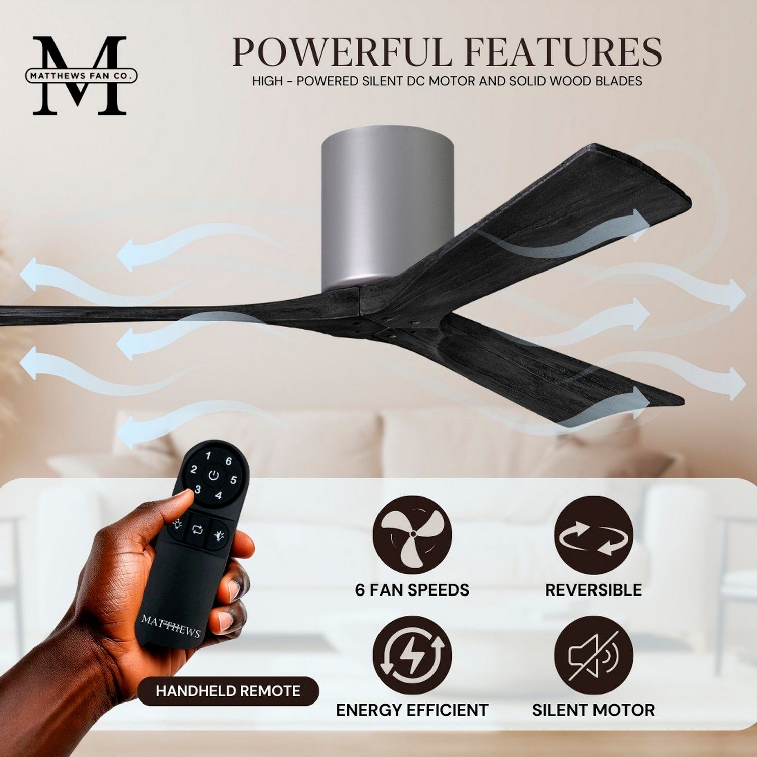 60" Matthews Irene 3H Nickel and Black Remote Hugger Ceiling Fan