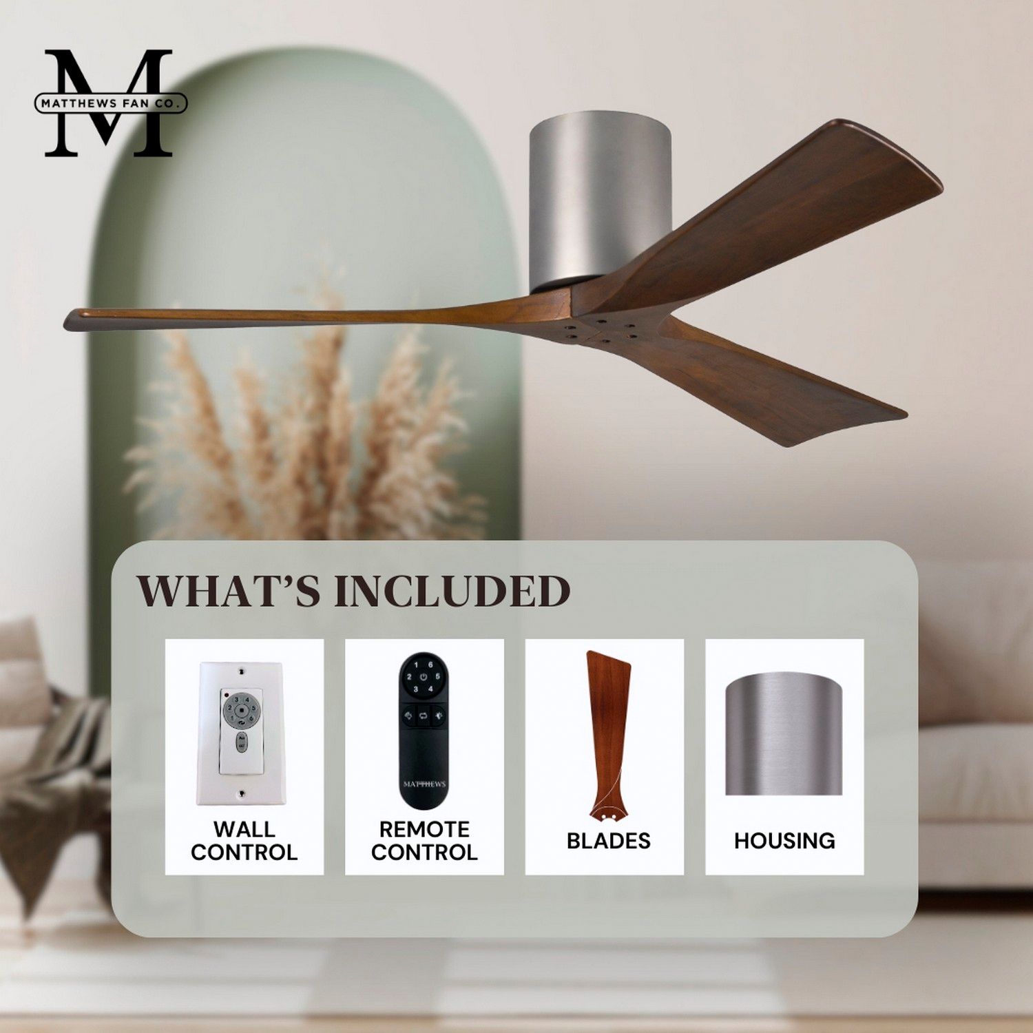 60" Matthews Irene-3H Nickel-Walnut Damp Hugger Fan with Remote