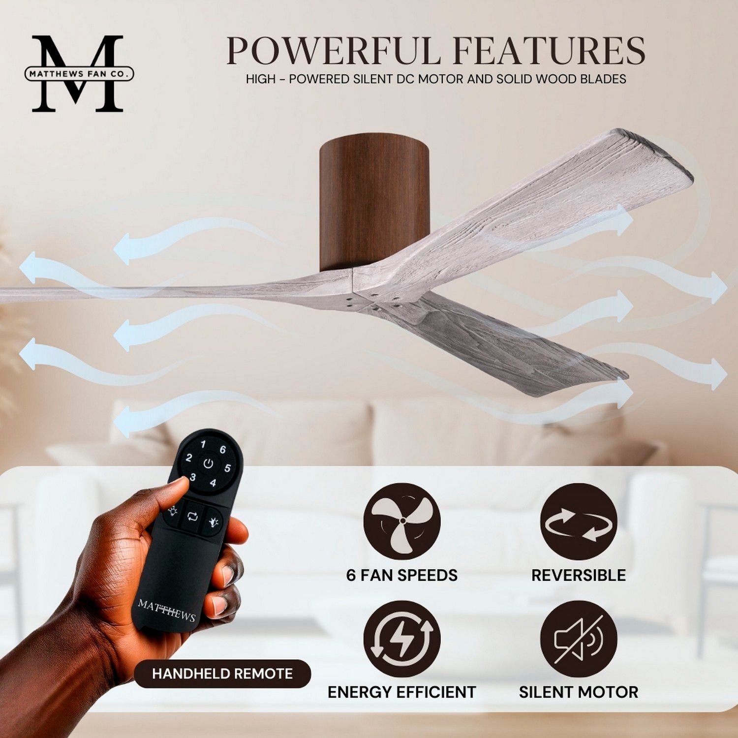 60" Matthews Irene 3H Walnut Barnwood Hugger Ceiling Fan with Remote