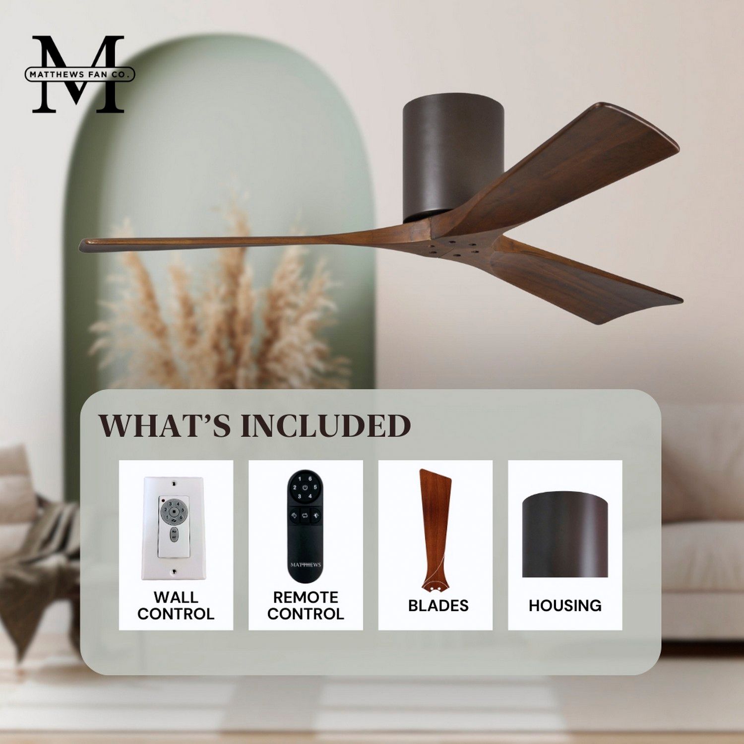 60" Matthews Irene-3H Walnut Bronze Damp Hugger Fan with Remote
