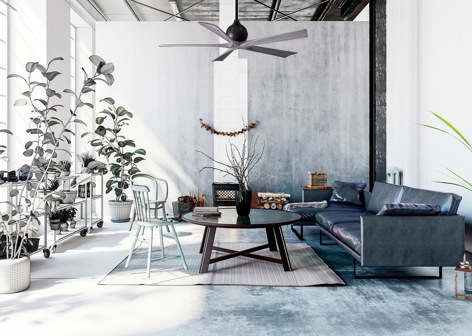 Image 4 60" Matthews Irene-5 Matte Black and Barnwood Damp Remote Ceiling Fan more views