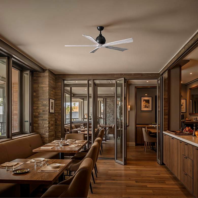 Image 6 60" Matthews Irene-5 Matte Black and Barnwood Damp Remote Ceiling Fan more views