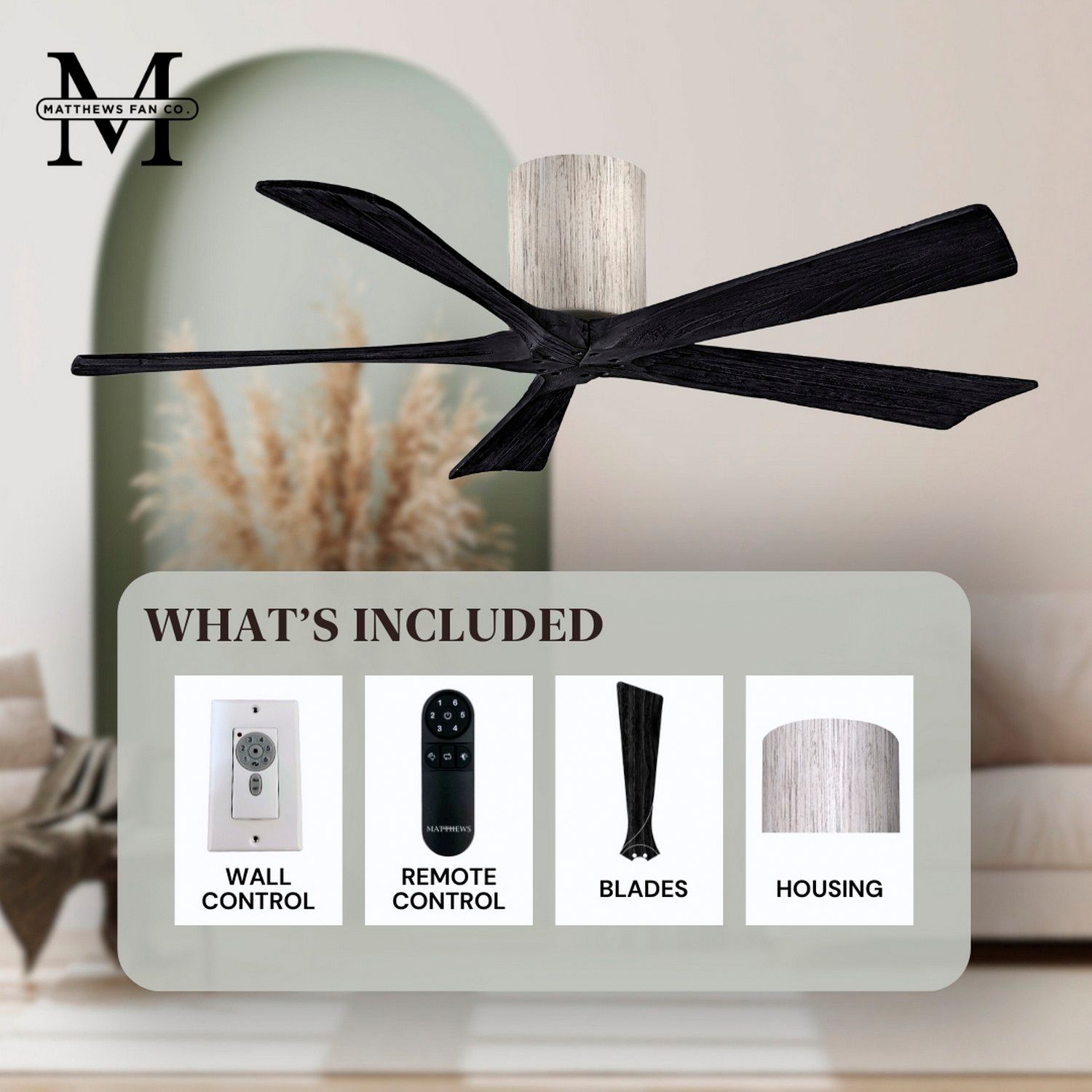 60" Matthews Irene-5H Barnwood and Black Hugger Remote Ceiling Fan