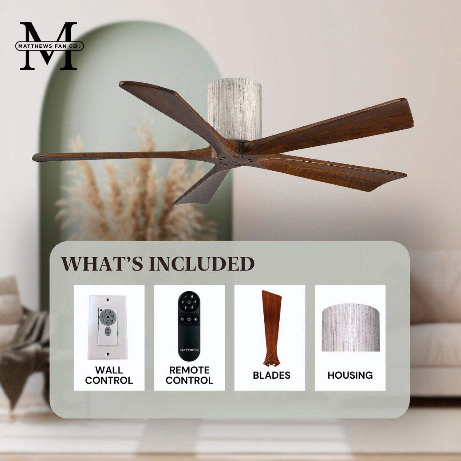 60" Matthews Irene-5H Barnwood and Walnut Hugger Remote Ceiling Fan