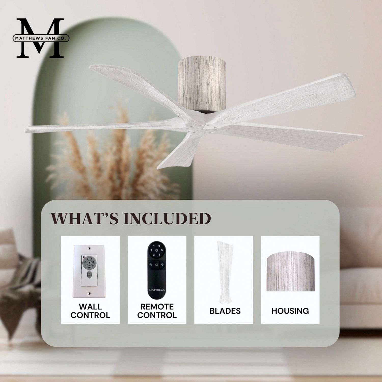 60" Matthews Irene-5H Barnwood and White Hugger Remote Ceiling Fan