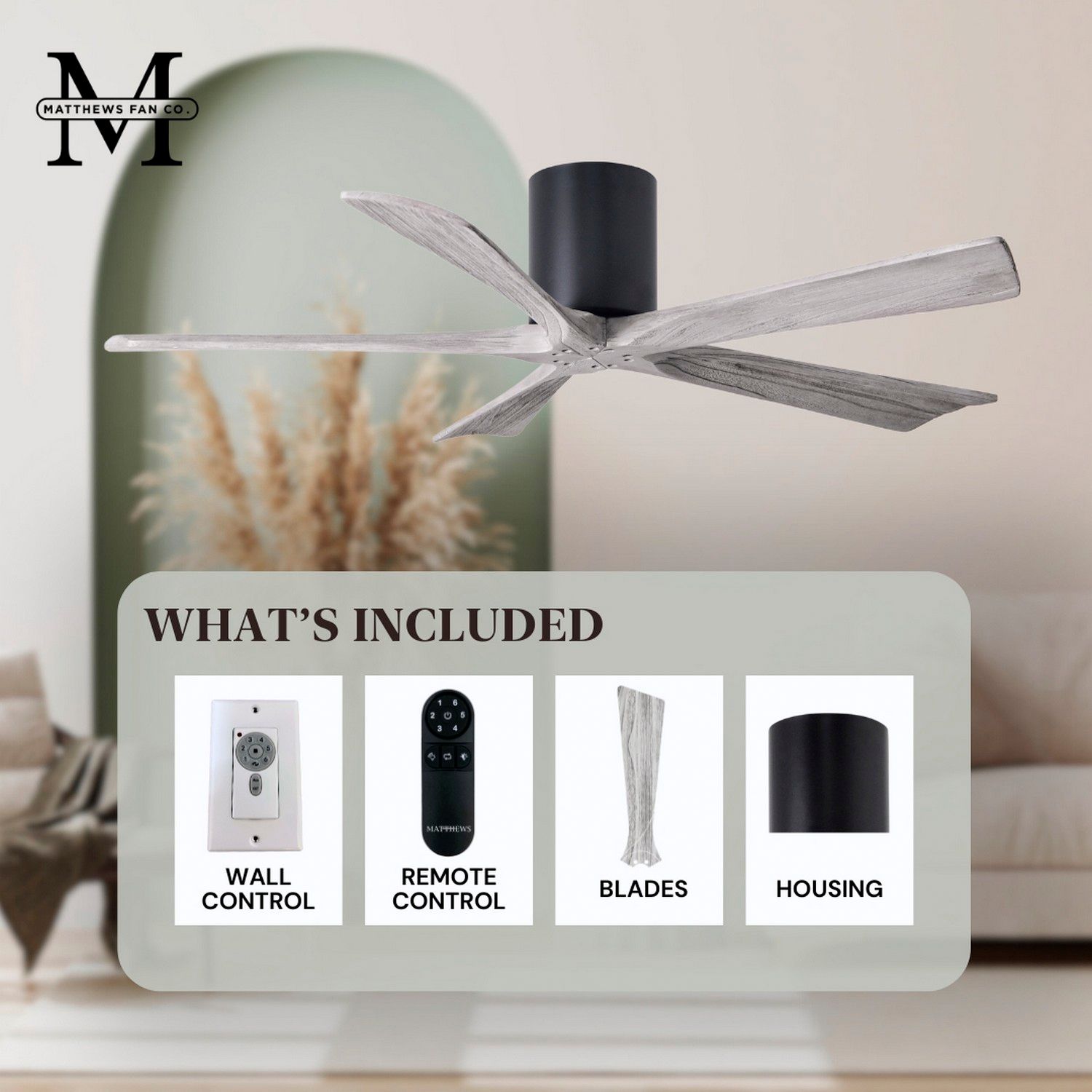 60" Matthews Irene-5H Black Barnwood Hugger Ceiling Fan with Remote