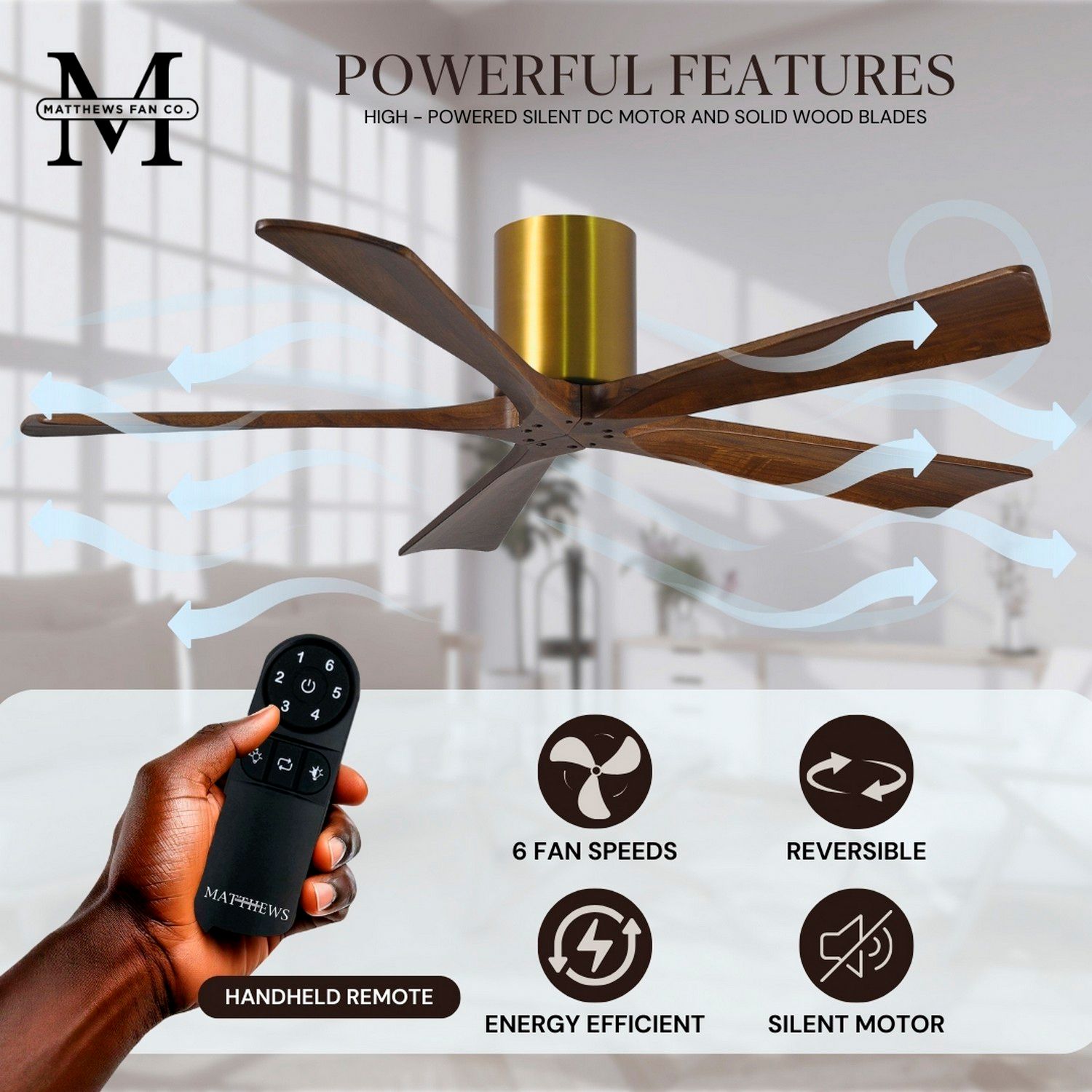 60" Matthews Irene-5H Brass and Walnut Hugger Ceiling Fan with Remote