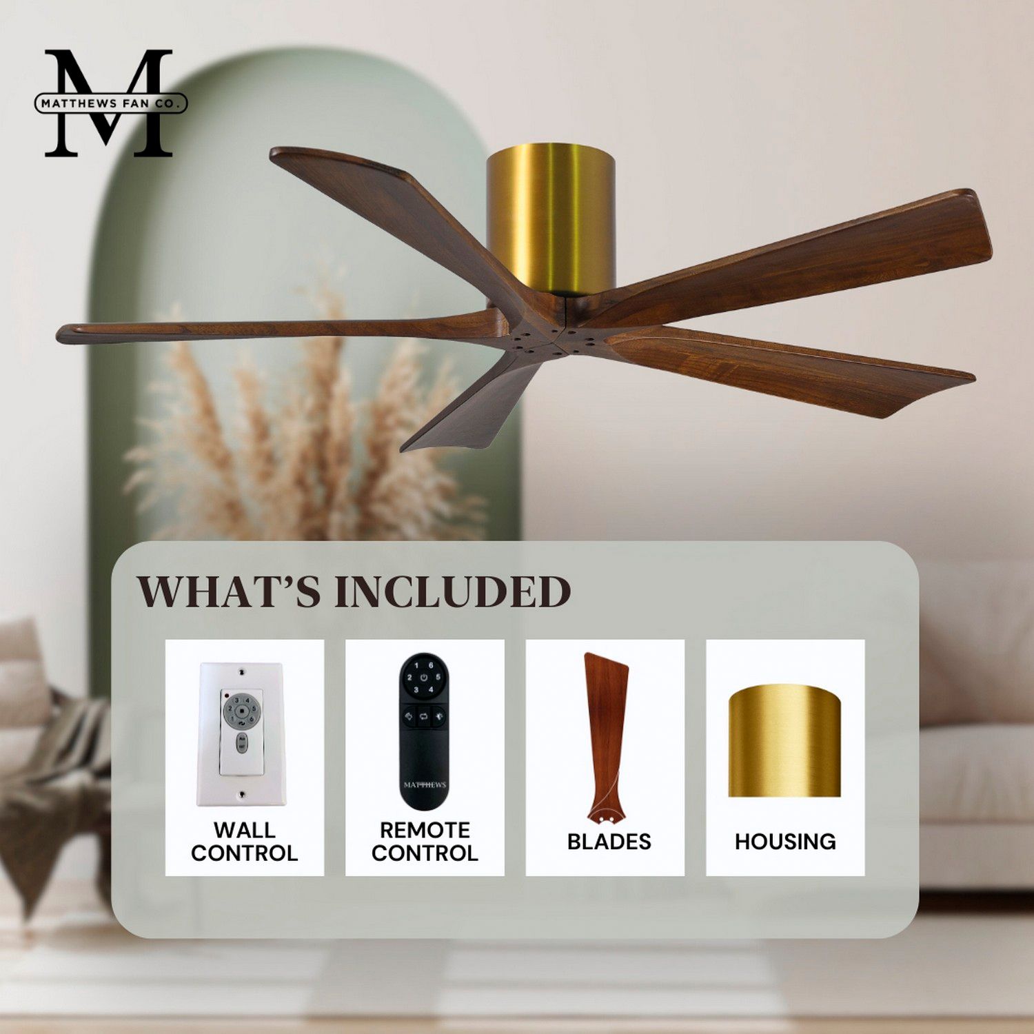 60" Matthews Irene-5H Brass and Walnut Hugger Ceiling Fan with Remote