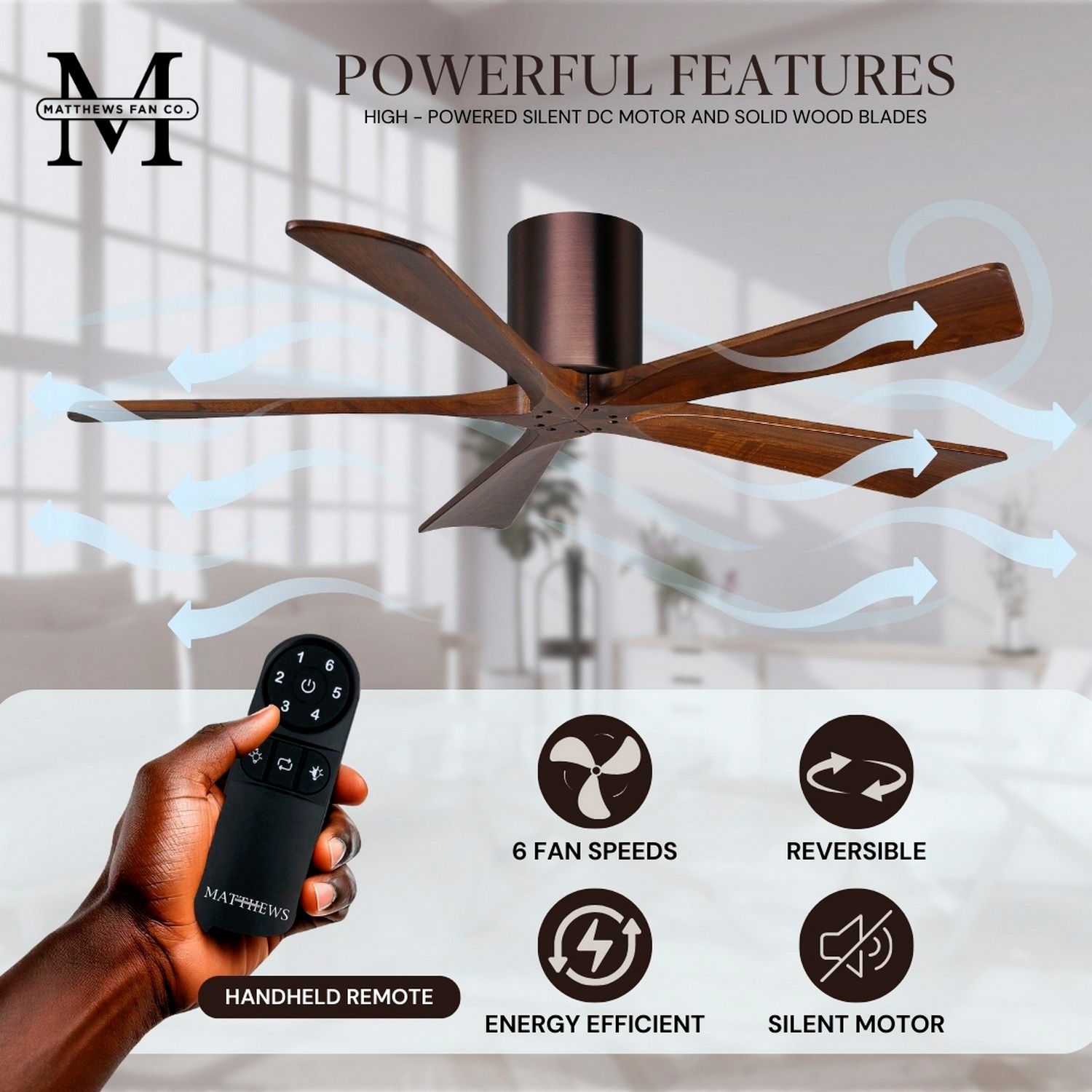 60" Matthews Irene-5H Bronze and Walnut Hugger Ceiling Fan with Remote