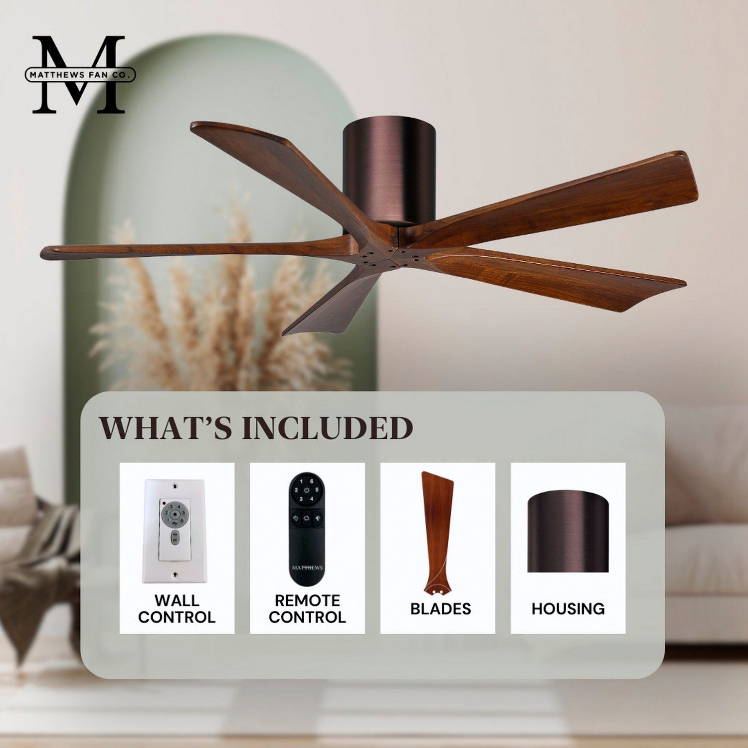 60" Matthews Irene-5H Bronze and Walnut Hugger Ceiling Fan with Remote