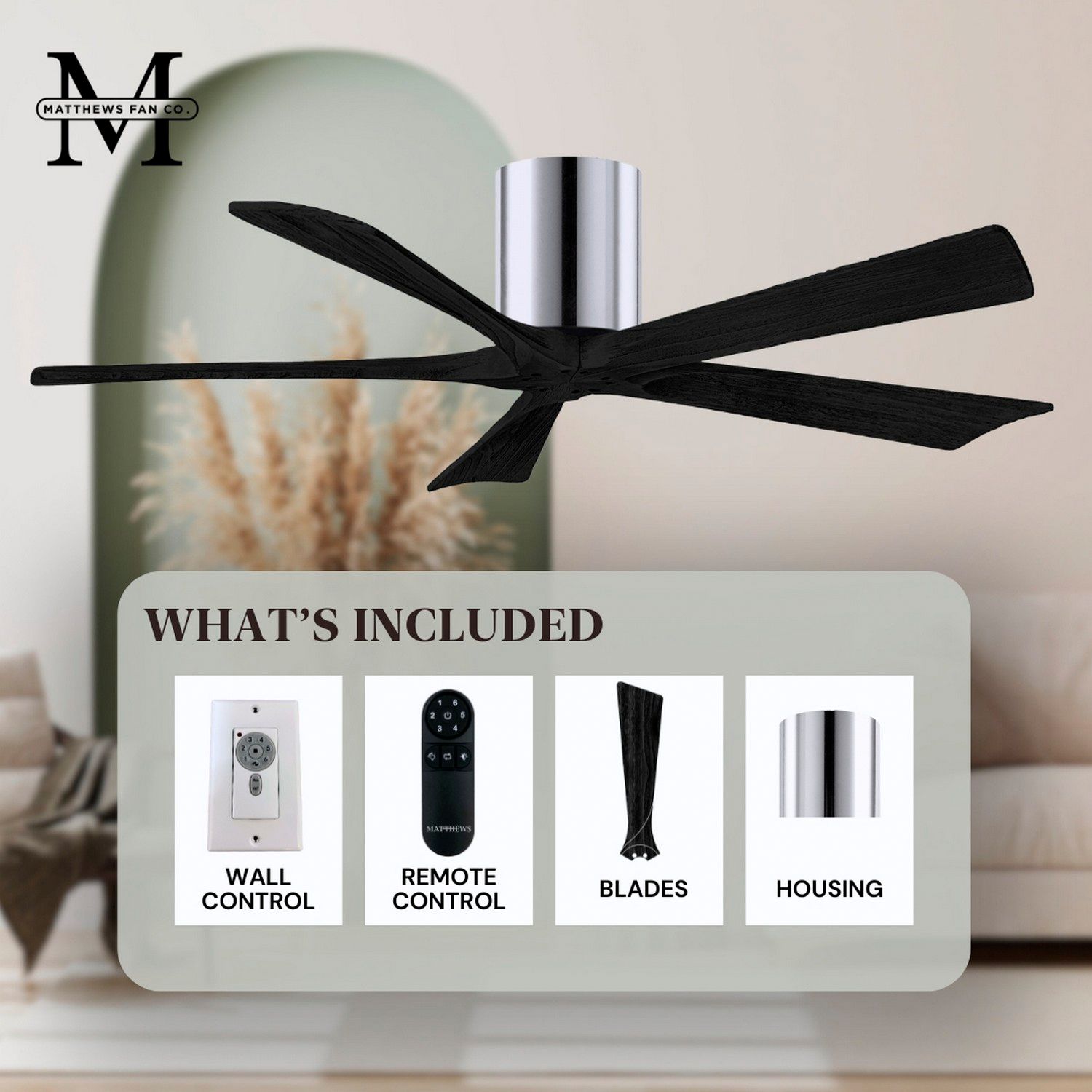 60" Matthews Irene-5H Chrome and Black Hugger Ceiling Fan with Remote