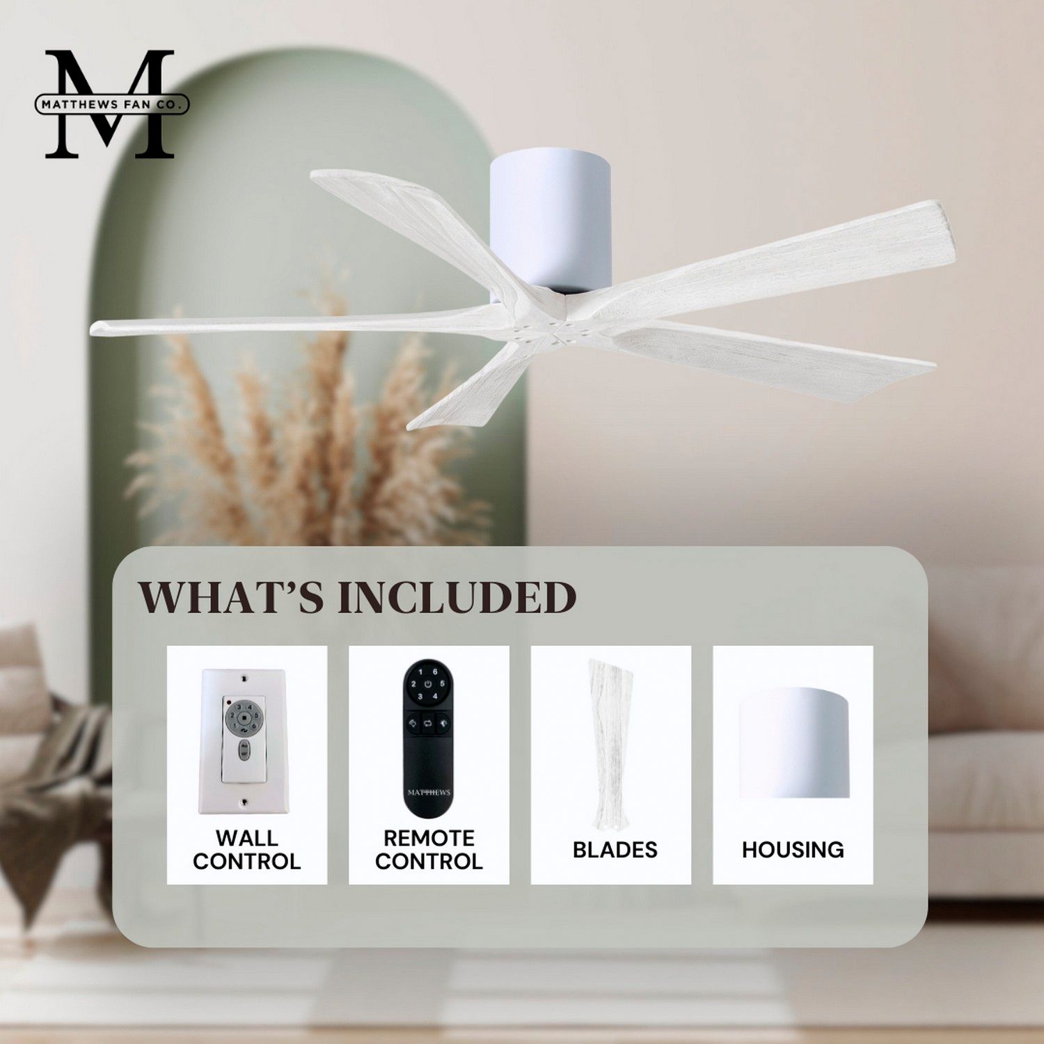 60" Matthews Irene-5H Gloss White Hugger Ceiling Fan with Remote