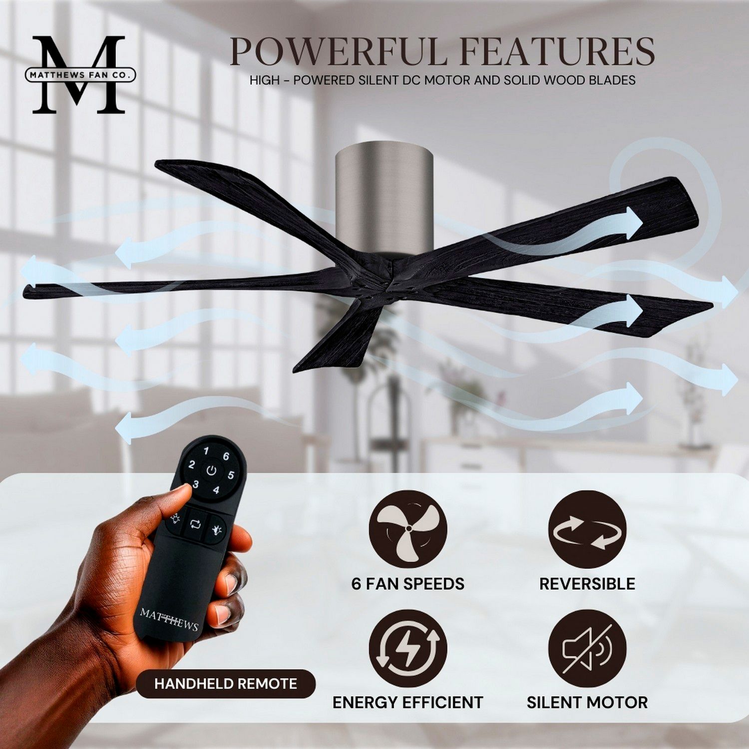 60" Matthews Irene-5H Pewter and Black Hugger Ceiling Fan with Remote