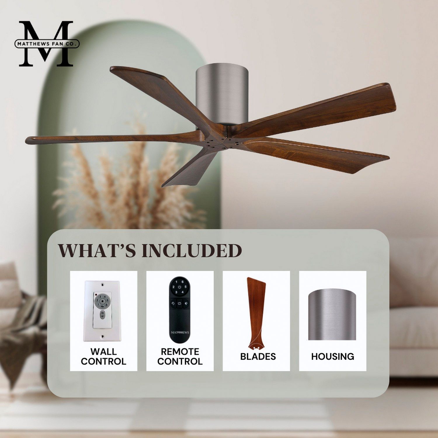 60" Matthews Irene-5H Pewter and Walnut Hugger Ceiling Fan with Remote