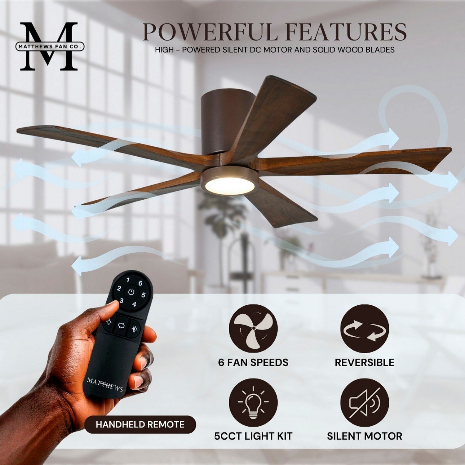 60" Matthews Irene-5HLK Bronze Hugger LED Ceiling Fan with Remote