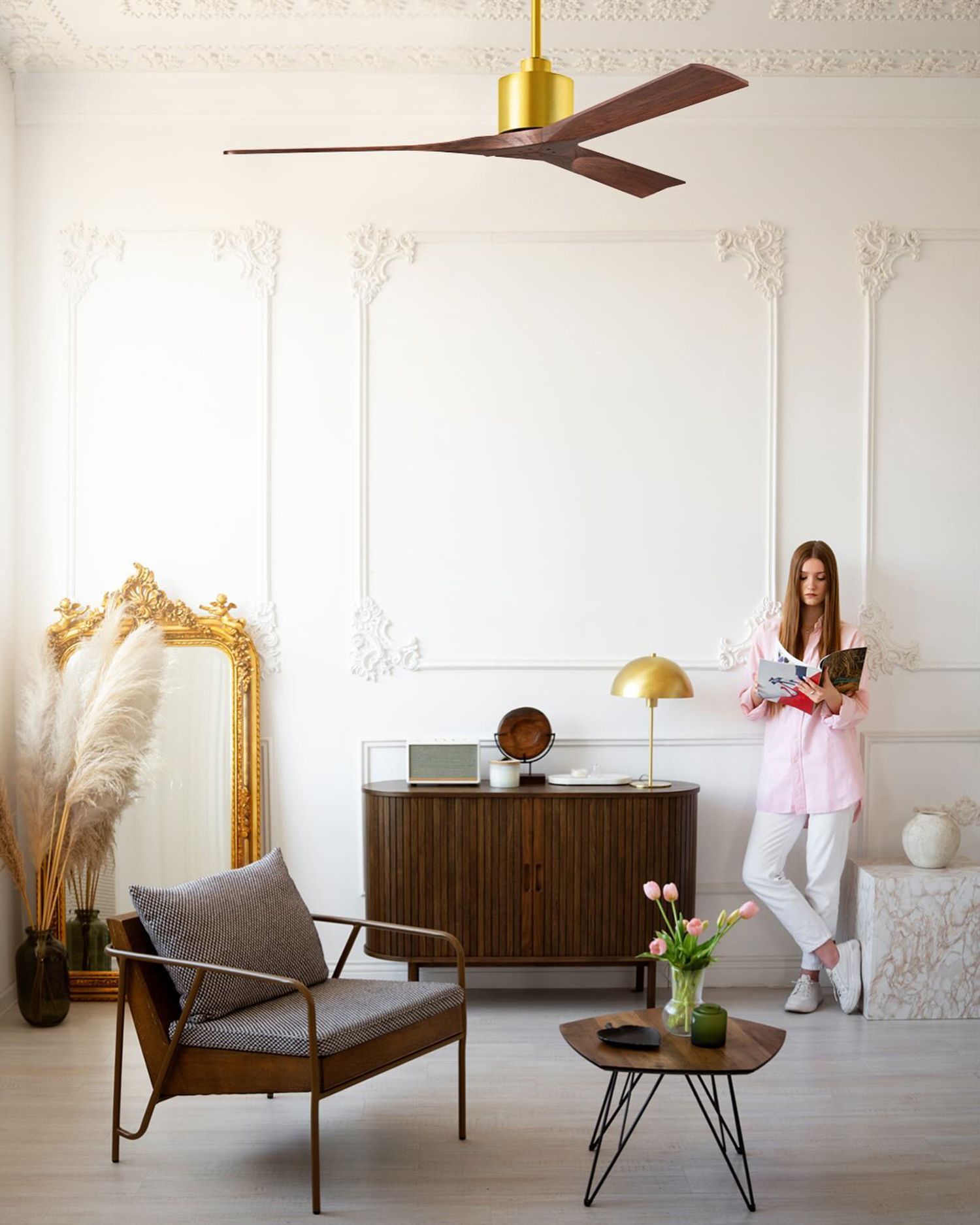 Image 2 60" Matthews Nan Brass and Walnut Outdoor Ceiling Fan with Remote more views