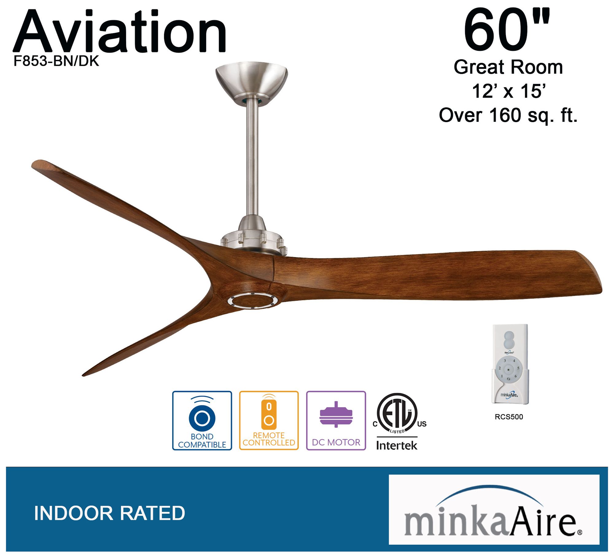 60" Minka Aire Aviation Nickel and Koa Ceiling Fan with Remote Control