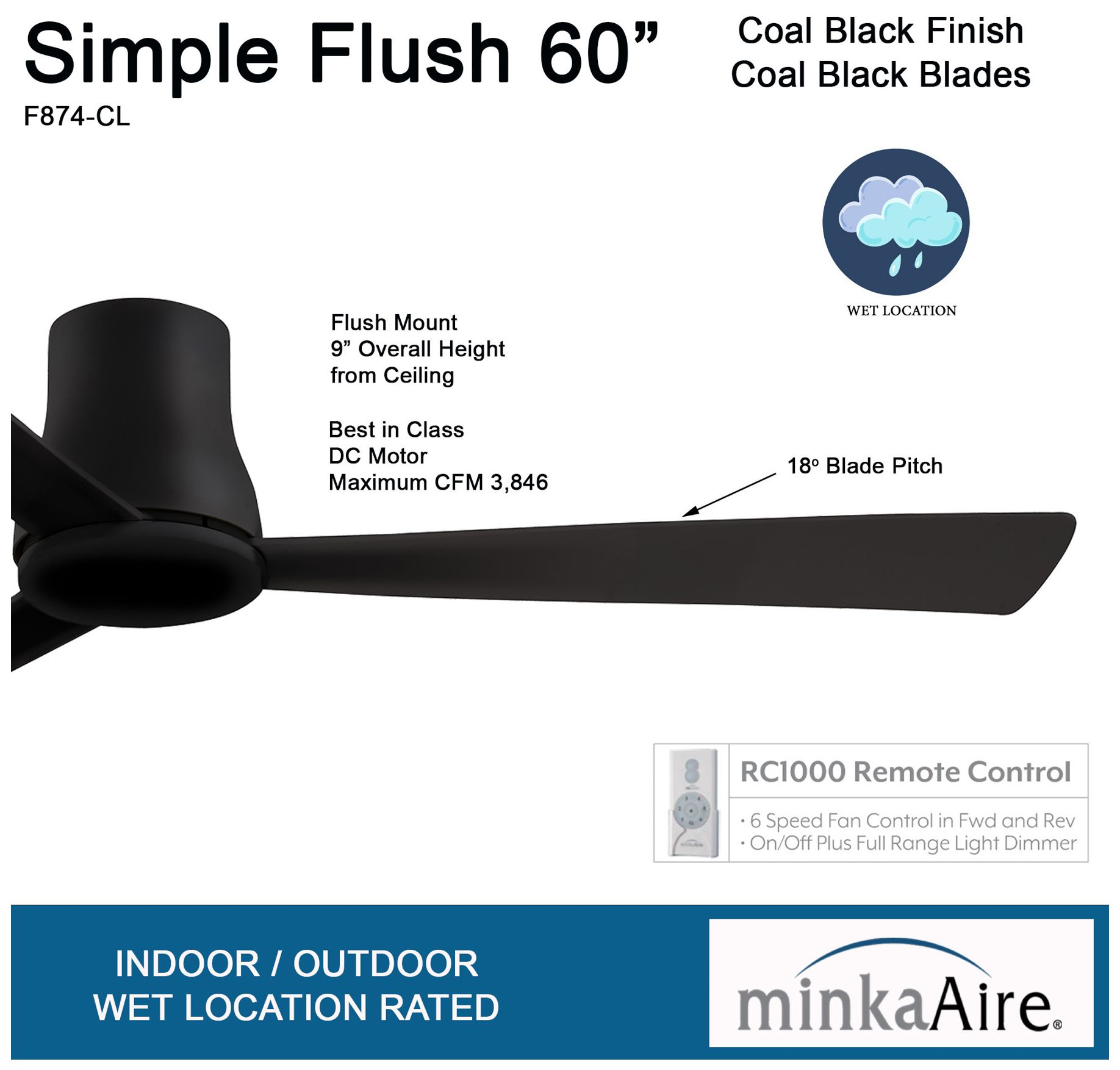 60" Minka Aire Simple Flush Coal Black Outdoor Hugger Ceiling Fan in scene