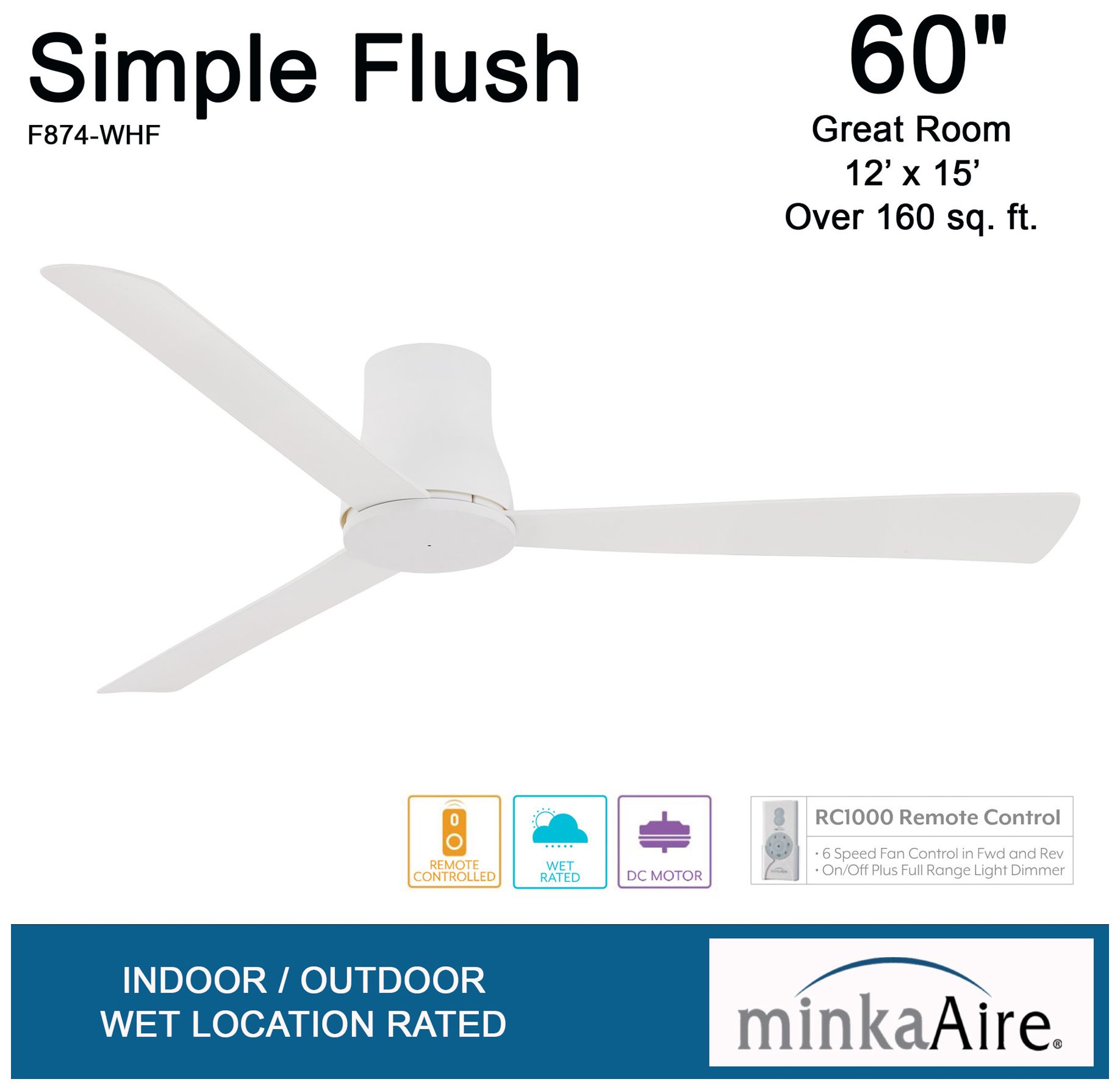 60" Minka Aire Simple Flush Flat White Outdoor Hugger Ceiling Fan in scene