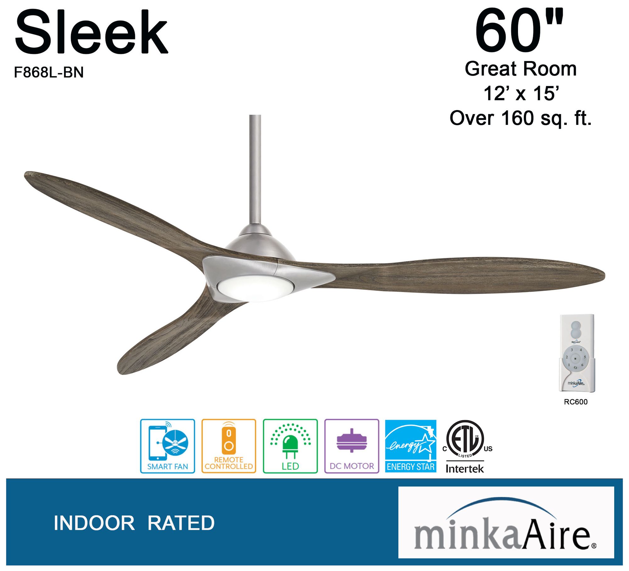 60" Minka Aire Sleek Nickel Finish Modern LED Smart Ceiling Fan