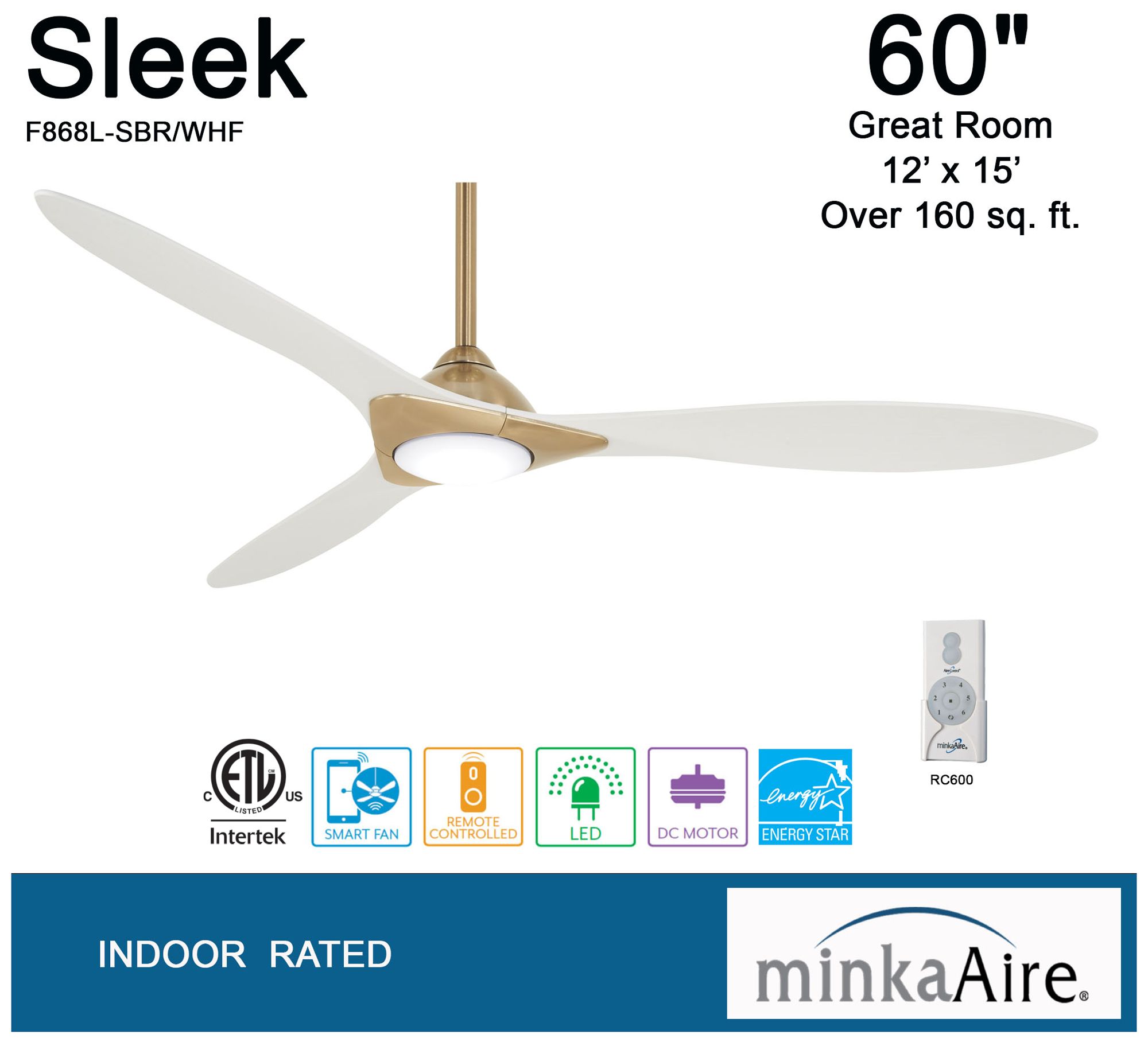 60" Minka Aire Sleek Soft Brass LED Indoor Smart Fan with Remote