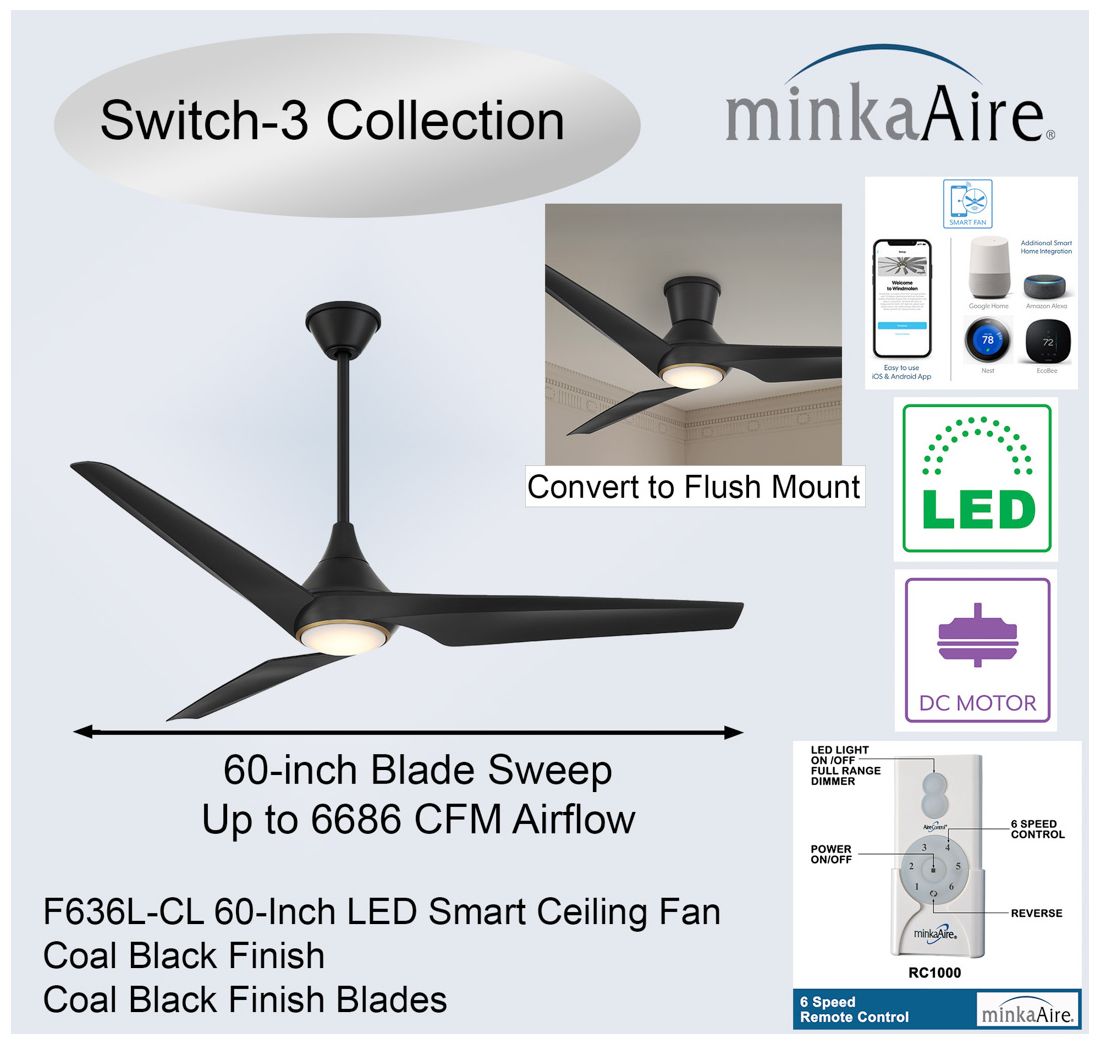 Image 5 60" Minka Aire Switch Black 3-Blade LED Smart Ceiling Fan more views