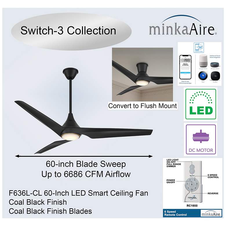 Image 5 60" Minka Aire Switch Black 3-Blade LED Smart Ceiling Fan more views