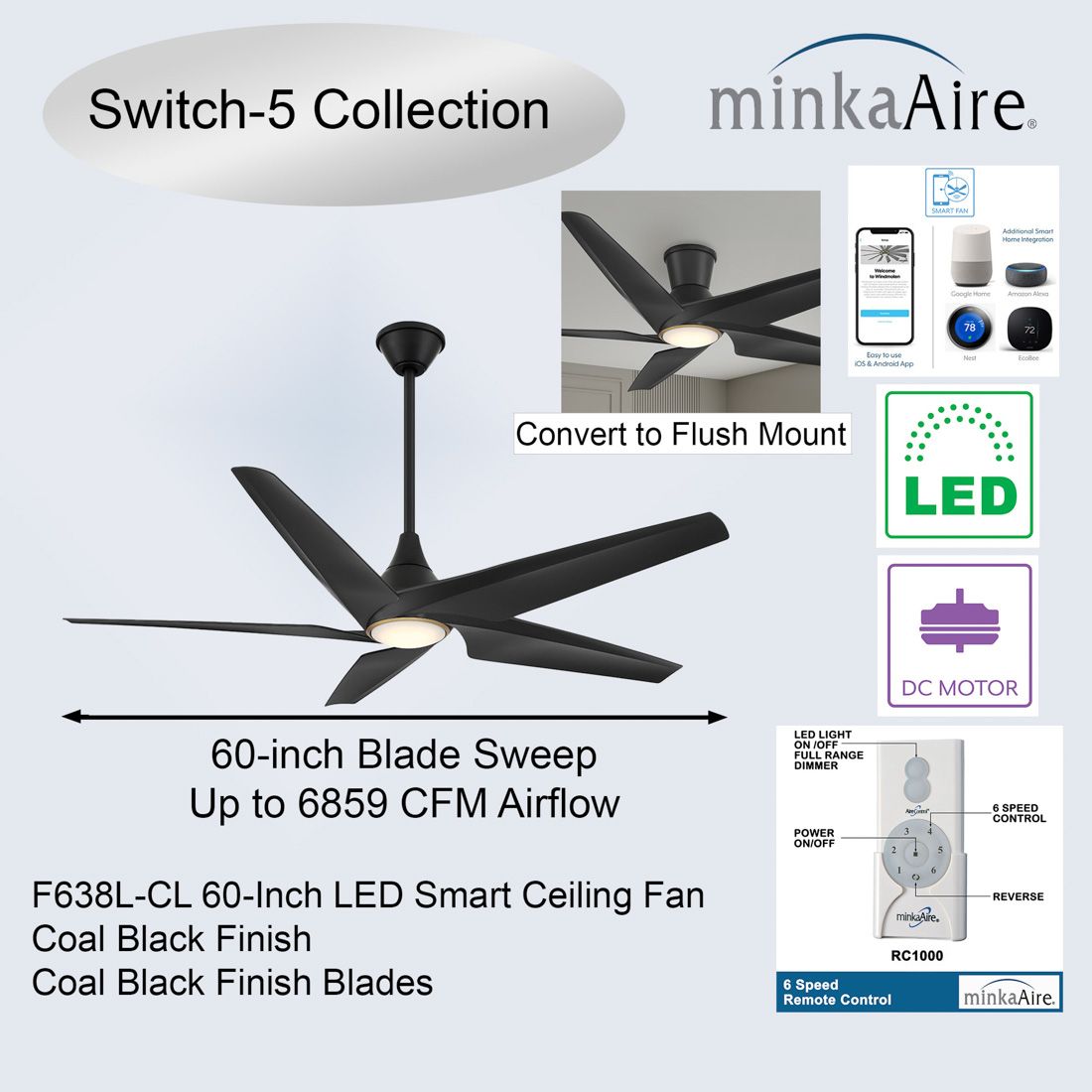 Image 5 60" Minka Aire Switch Black 5-Blade LED Smart Ceiling Fan more views