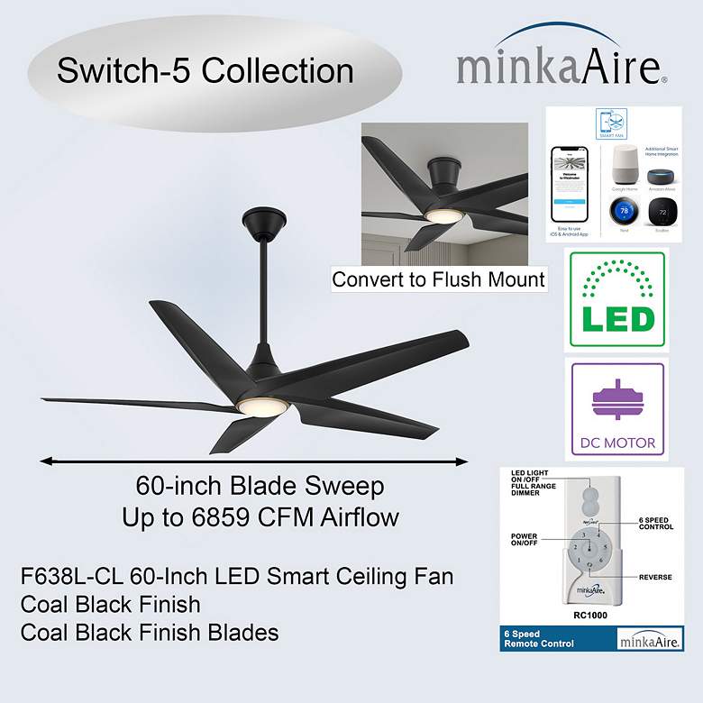 Image 5 60" Minka Aire Switch Black 5-Blade LED Smart Ceiling Fan more views