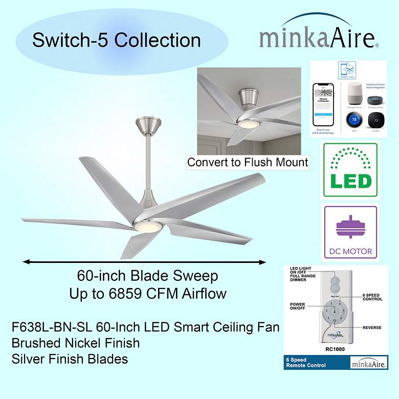 Image 6 60" Minka-Aire Switch LED Brushed Nickel Ceiling Fan with Remote more views