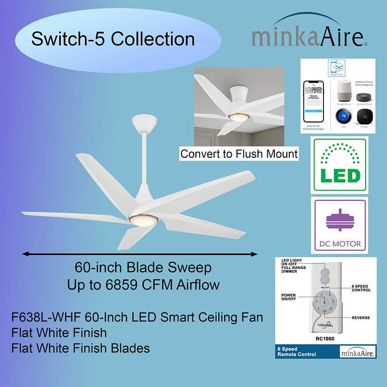 Image 6 60" Minka-Aire Switch LED Flat White Ceiling Fan with Remote more views