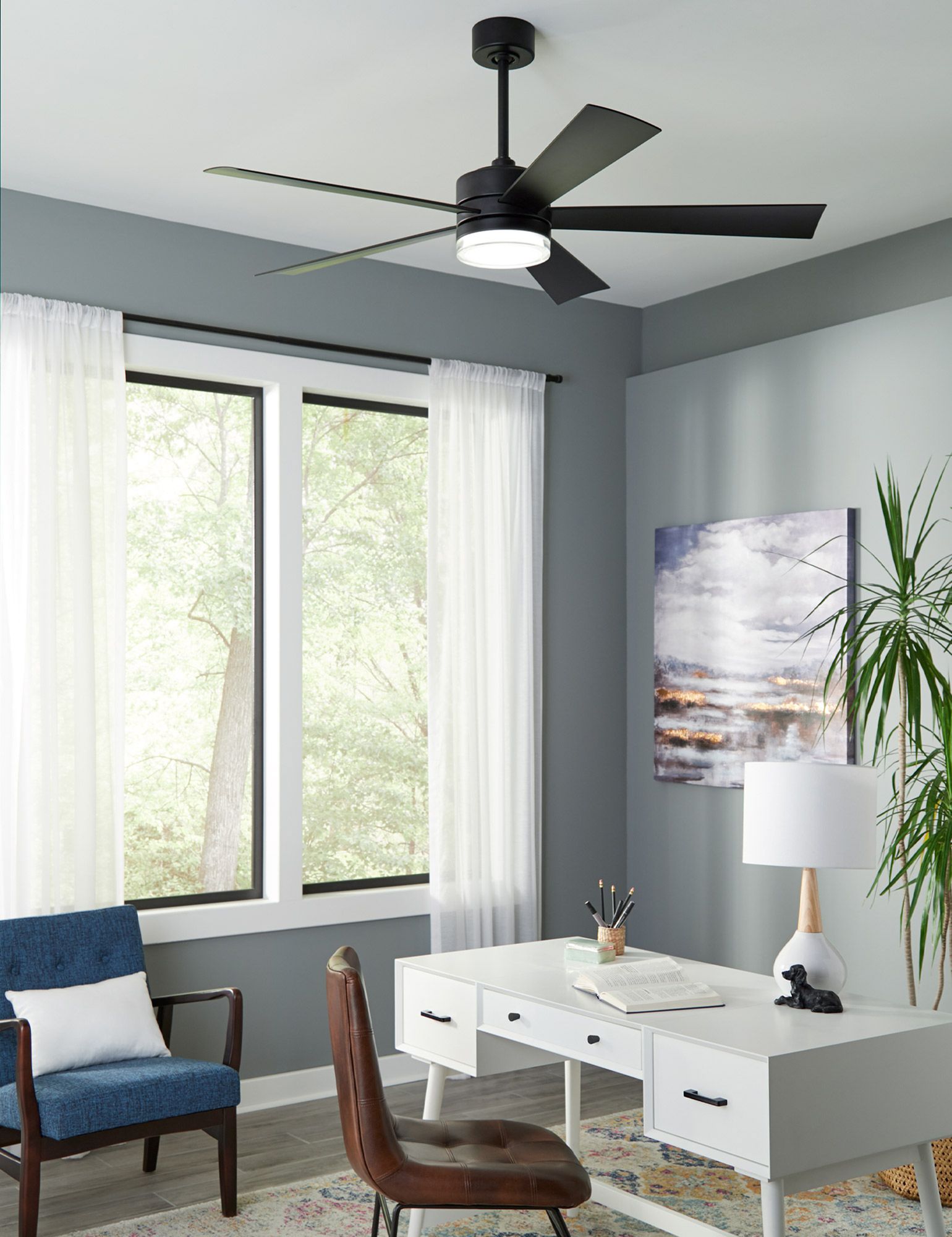 60" Modern Forms Wynd Matte Black LED Smart Indoor/Outdoor Ceiling Fan in scene