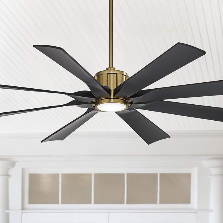 Image 1 60 inch Possini Defender Soft Brass/Black Damp LED Ceiling Fan with Remote