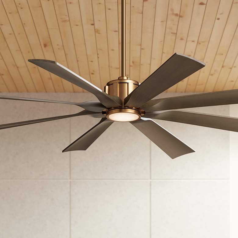 Image 1 60 inch Possini Defender Soft Brass Damp LED Ceiling Fan with Remote