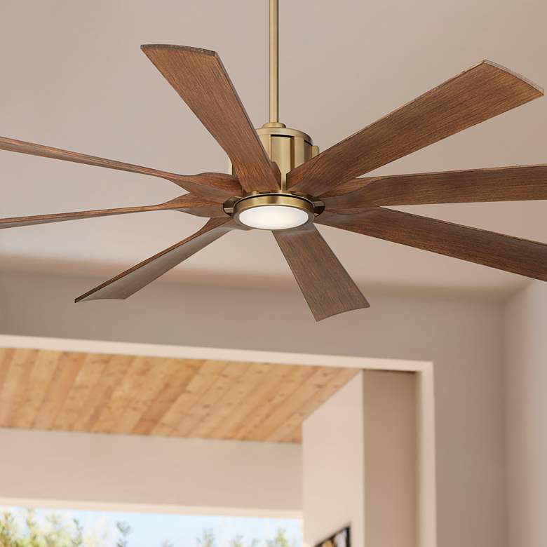 Image 1 60" Possini Defender Soft Brass Koa Damp LED Ceiling Fan with Remote