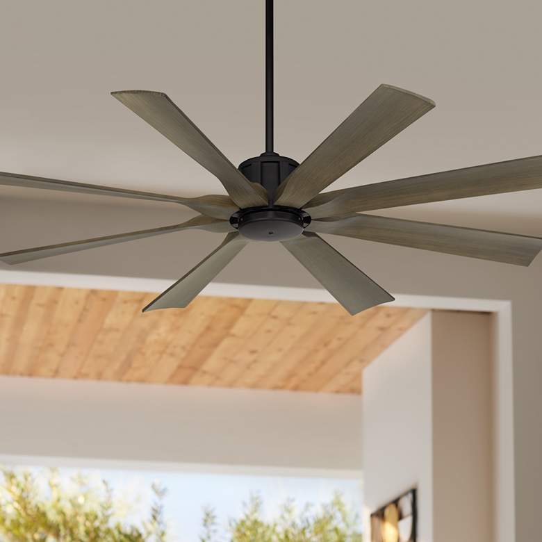 Image 1 60" Possini Euro Defender Matte Black Weathered Oak Damp Ceiling Fan