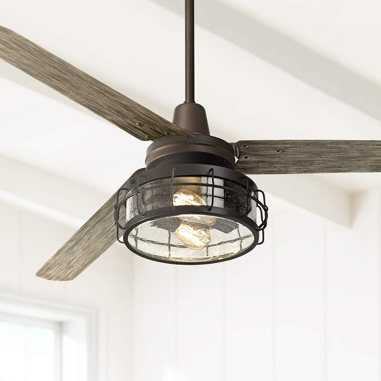 Image 1 60" Turbina DC Bronze Light Wood Glass Drum LED Ceiling Fan