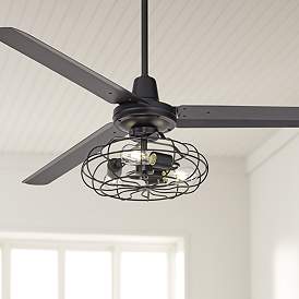 Image1 of 60" Turbina Matte Black Cage Light Ceiling Fan with Remote