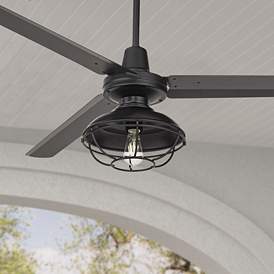 Image1 of 60" Turbina Matte Black Damp Rated Rustic Cage Ceiling Fan with Remote