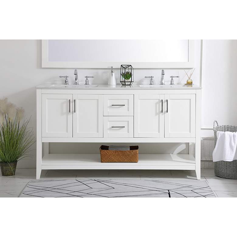 Image 6 60-Inch White Double Sink Bathroom Vanity With White Calacatta Quartz Top more views