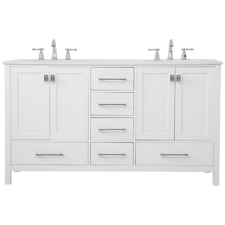 Image 1 60-Inch White Double Sink Bathroom Vanity With White Calacatta Quartz Top